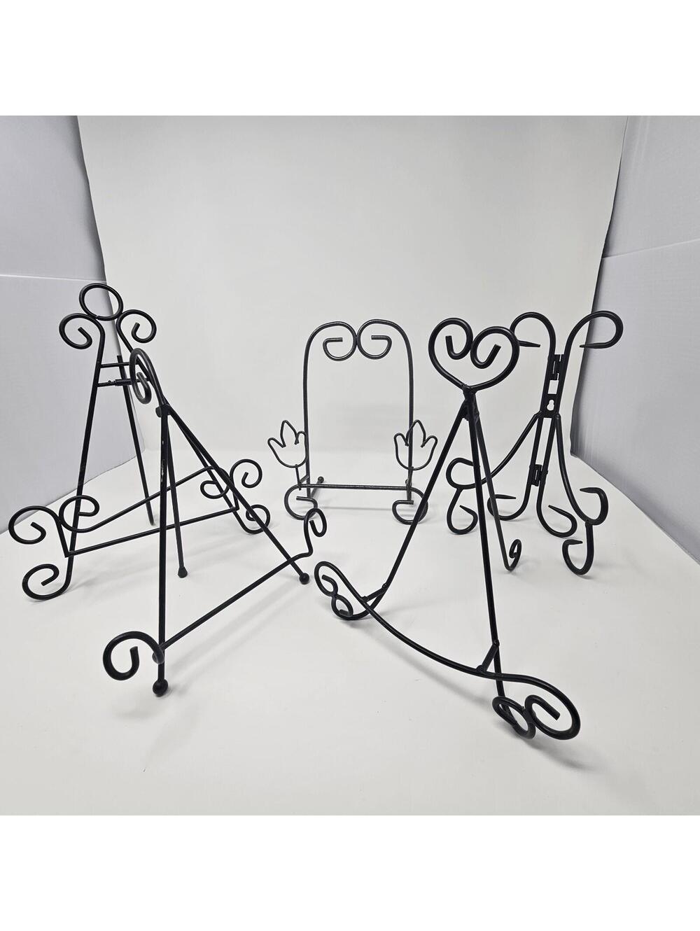 Lot Of 5 Decorative Plate Holder Black Metal Folding Easel Art Display Stands
